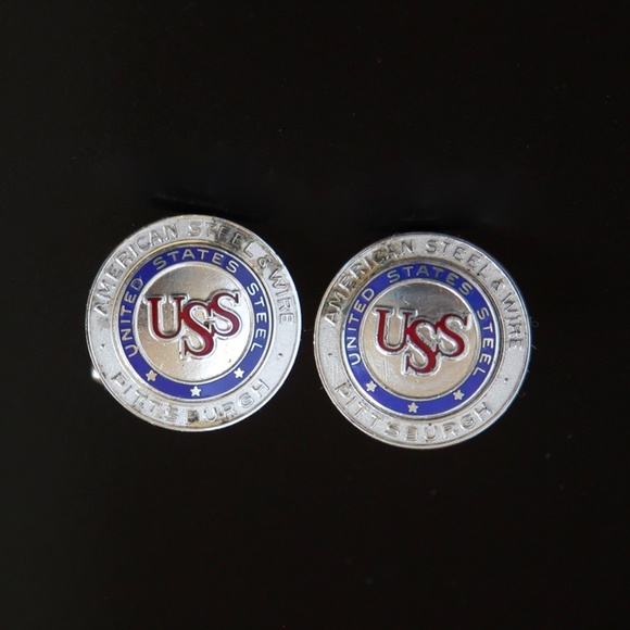 Vtg USS Cufflinks US STEEL WIRE Enamel Silver